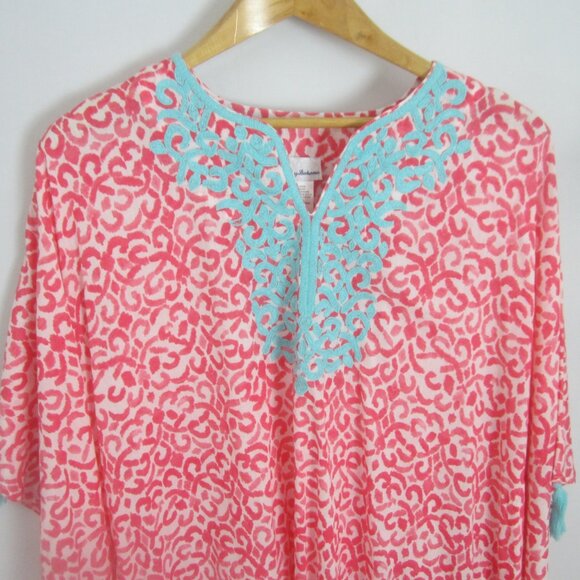 Tommy Bahama Womens One Size Pink White Aqua Blue Cotton Cover Up Tassles O/S - Picture 8 of 9